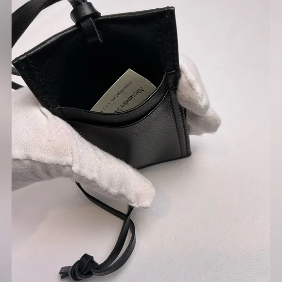 Alexander McQueen Black Leather Card Holder with Strap Lanyard New